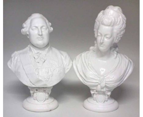 Pair of French glazed porcelain busts of Louis XVI and Marie Antoinette, after the Sevres originals, late 19th century, (2) 3