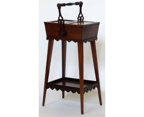 Edwrdian rosewood small display table, the glazed top of two doors on square section legs and uniting galleried shelf, width 