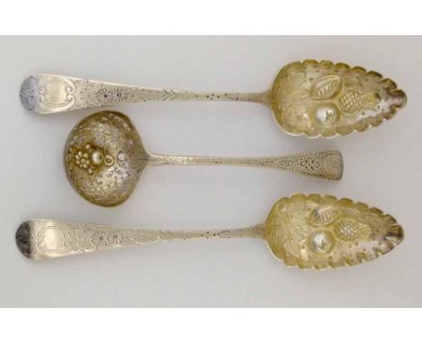 Pair of George III silver berry spoons, London 1810; and silver sifter spoon (from a ladle), London 1815, gross weight 5oz 17