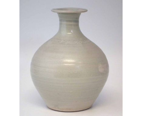 Jim Malone (b.1946) vase, decorated with a celadon glaze and incised wavy line border, impressed monogram to side of foot,  2