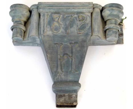 Lead rainwater hopper, dated 1872, height 53cm.
 
Condition report: securing lug missing on right, width 61cm.