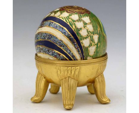 Swiss ormolu and champlève enamel globular small clock, 1930's, the case decorated with geometric designs and lilies-of-the-v