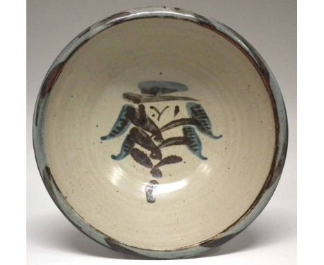 St Ives pottery bowl probably Bernard Leach, impressed mark to side of foot, 28cm diameter.    Condition report: No damage or