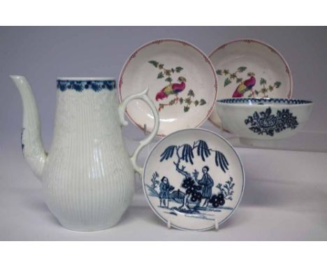 Liverpool porcelain, to include a Christians coffee pot base circa 1770, a Penningtons bowl and three saucers, (5) the coffee