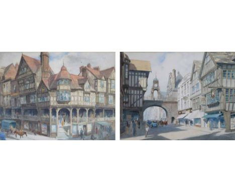 Ronald Lampitt (British, 1906-1988),  "Chester Rows" and "Eastgate and Eastgate Clock, Chester", signed, watercolour, 33.5 x 