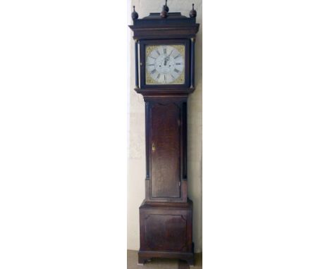 Oak longcased clock, the square brass dial with silvered Roman chapter ring, engraved field, subsidiary seconds, date apertur