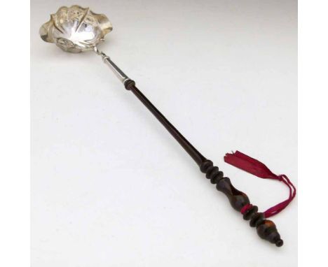 George III London silver punch ladle (marks rubbed), the shaped bowl on a turned wood handle, possibly coromandel, length 41c
