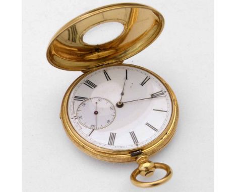 Swiss 18K gold cased half-hunter fob watch by Klaftenberger, Geneve, white enamel Roman dial, subsidiary seconds, engine turn