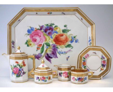 Rudolstedt Volkstedt cabaret set, painted with flora within tooled gilt border, to include coffee pot and cover, lidded sucri