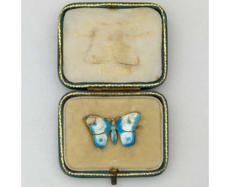 Child & Child enamelled butterfly brooch, marigold mark, width 27mm in its matching C&C case with the tooled gilt marigold ma