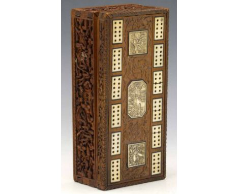 Cantonese carved hardwood cribbage or dominoes box inset with ivory tablets, length 17.5cm