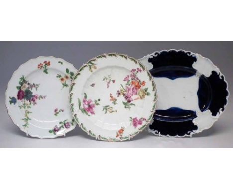 Two Chelsea plates circa 1755, also an unfinished Mecklenburg Strelitz type platter, the two plates plates painted with flora