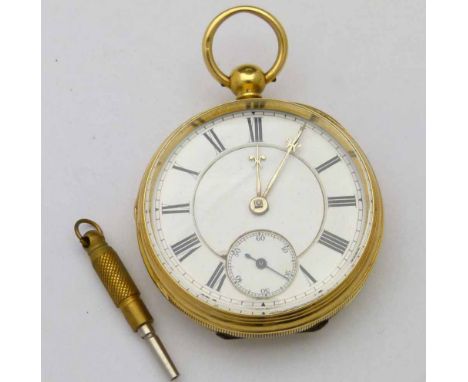 18ct gold open faced pocket watch, case London 1859, white enamel Roman dial, subsidiary seconds, key wind fusee and lever mo