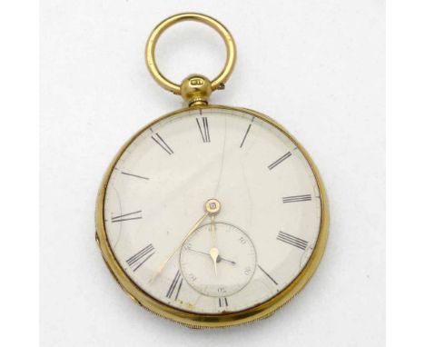 18ct gold open faced pocket watch, case Chester 1847, white enamel Roman dial, subsidiary seconds, key wind fully enclosed de