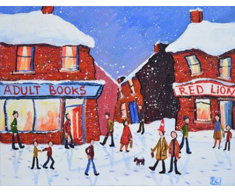 Peter Chippendale (1951-),  Snow scene with figures, initialled, acrylic on canvas, unframed, 50 x 60cm.; 19.75 x 23.5in.    