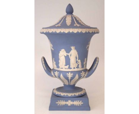 Modern Wedgwood jasper ware lidded vase of campana shape decorated with classical figures on a light blue ground, impressed m