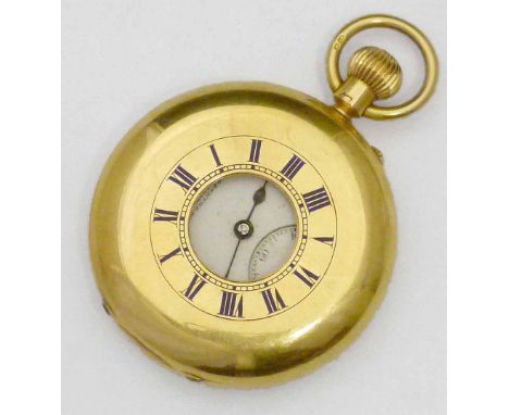 18ct gold cased half-hunter pocket watch, Birmingham 1902, signed Emanuel, Southampton,248726, white enamel Roman dial, subsi