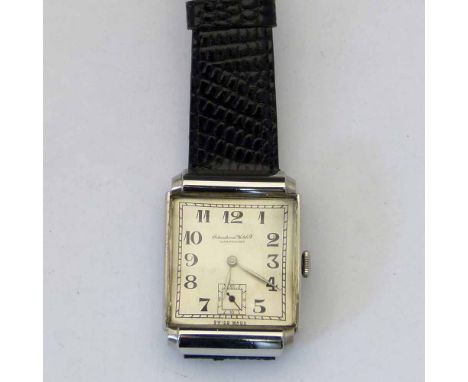 IWC stainless steel mechanical square wristwatch, case 1152253, silvered Arabic dial, subsidiary seconds, width 24mm, on a bl