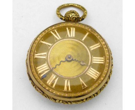 18ct gold open faced pocket watch, engine turned case Chester 1884, gilt metal Roman dial, floral band, fusee and lever key w