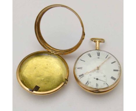 18ct gold pair cased pocket watch, inner and outer cases Chester 1808, white enamel Roman dial, subsidiary seconds, gilt spad