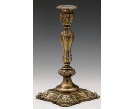 Georgian style weighted silver candlestick with an embossed stem, Joseph Rodgers, Sheffield 1902, height 25cm