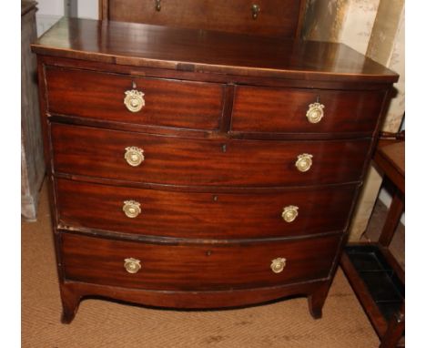 A 19th Century mahogany bowfront chest, fitted two short and three long drawers with ring handles, on bracket supports, 41" w