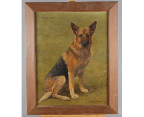 F M Hollams: an oil painting, portrait of a German shepherd dog "Janny", 17 1/2" x 13 1/2", "Poo" signed and dated 1935, in o