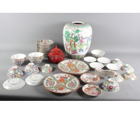 An number of Chinese porcelain floral decorated rice bowls and bases, Canton porcelain plates, 19th Century saucers (one a/f)