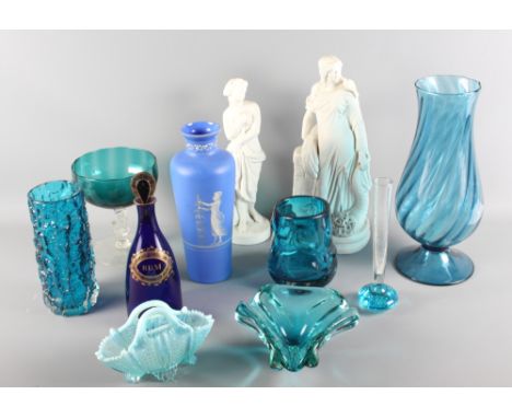 Two 19th Century Parian figures, a 19th Century Bristol blue glass rum decanter, a Whitefriars bark vase and other pieces of 