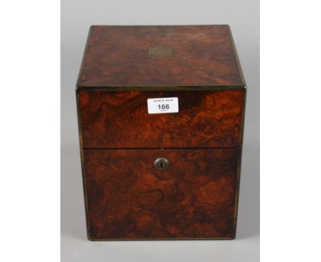 A Victorian burr walnut and brass inset decanter box, fitted four square glass decanters (all chipped), one decanter having a