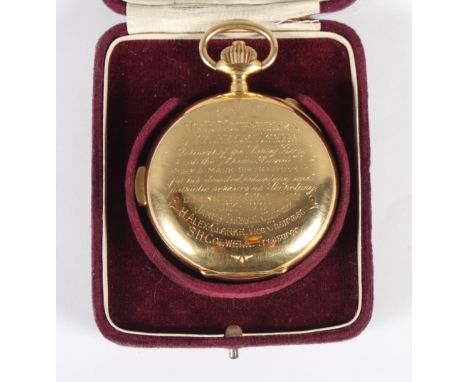 An 18ct gold full hunter moon phase repeater pocket watch, the white enamel dial with day date apertures and Arabic numerals,