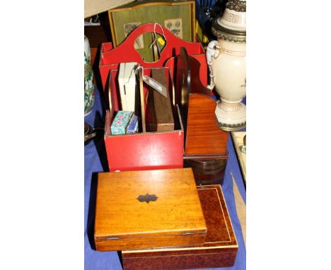 A collection of boxes, book ends, magazine racks, trays, a Chinese Canton enamel box and a clock