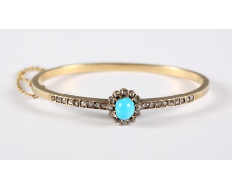 A French 18ct gold, diamond and turquoise hinged bangle