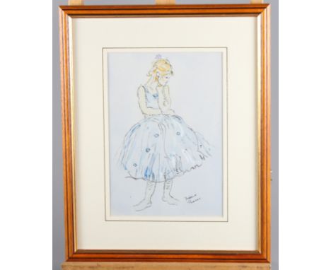 Daphne Thomas: pen and ink sketch with watercolour, study of a dancer, 6.5" x 9.5", in gilt frame