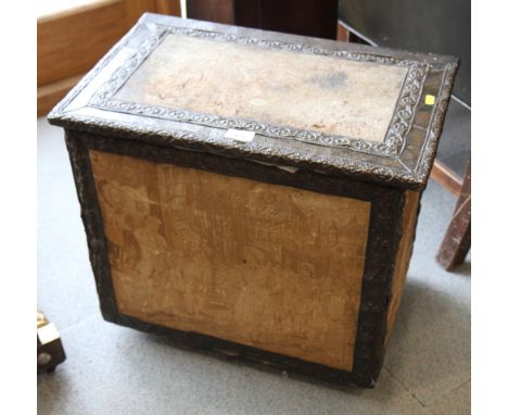 A Victorian embossed brass and tapestry covered wood log box, two metal table lamps with eau de nil coloured shades and a met