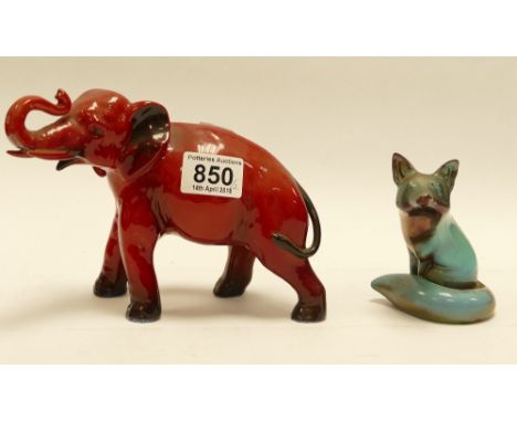 Royal Doulton Flambe elephant with trunk in salute with over glazed Royal Doulton fox (2)