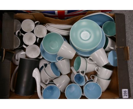 A collection of Wedgwood Suzie Cooper contrast coffee set and two Poole pottery two tone teasets circa 1960's