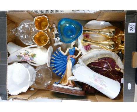 A mixed collection of ceramic items to include Leonardo art deco resin girl figurine, decorative wall pockets, glassware etc