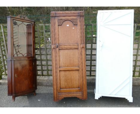 Twentieth century carved oak panelled single door wardrobe, mid century single door wardrobe and a reproduction mahogany glaz