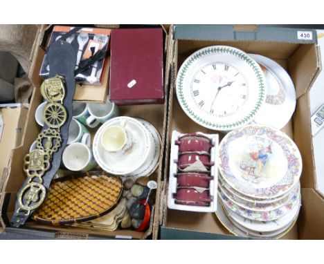 A mixed collection of items to include Portmerion floral decorated wall clock, Aynsley decorative wall plates, Peter Rabbit o