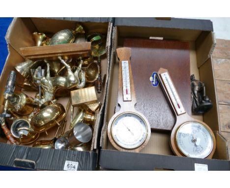 A mixed collection of items to include brass horses, decorative vases, trinket boxes, cigarette cases, oak backed barometer a