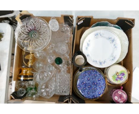 A mixed collection of ceramic and glassware items to include Royal Albert Blue Blossom dinner plates, pressed glass decanters