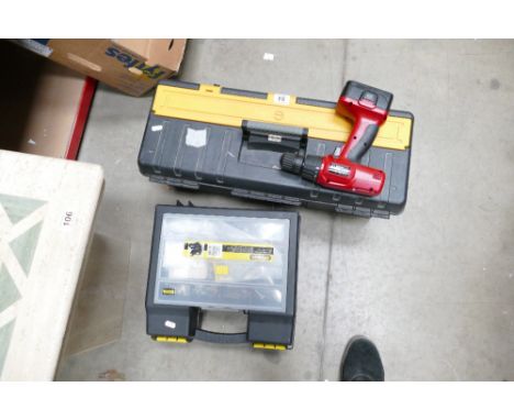 Zag tool box and various tools inside and a Stanley power tool box and a Champion cordless drill driver