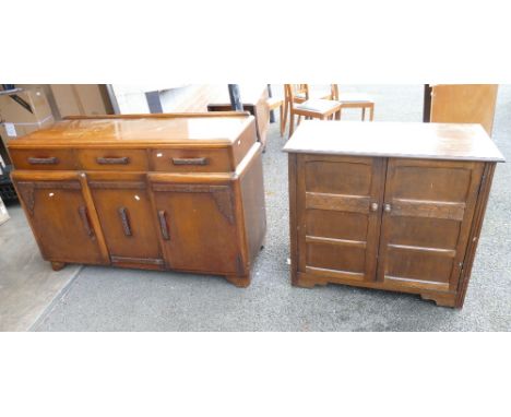 Oak paneled 3 draw, 3 doore sideboard together with 2 door cupboard(2)