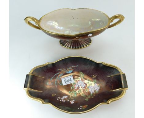 Carltonware two handled dish decorated with bird of paradise and flowers and a Crown Devon Fielding's two handled vase (handl