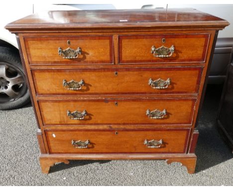 George III / late 1760's Lancashire oak chest of 2 over 3 drawers with mahogany cross banded  top and drawers, between fluted