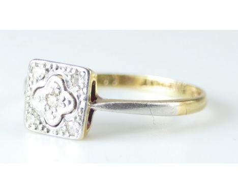 18ct gold & platinum ring with diamond cluster in square mount size L, 2 grams