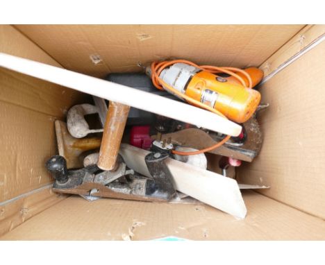 A collection of woodworking tools to include planes, floaters, drills etc
