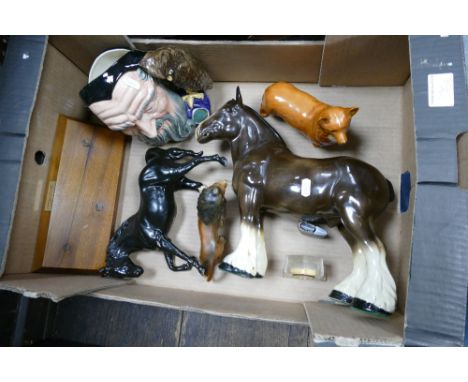 A mixed collection of ceramic items to include Royal Doulton Spirit Horse, large Melba Ware Shire horse, damaged Beswick Corg