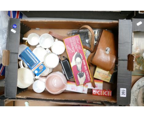 A mixed collection of items to include - commemorative cups, jugs, together with a selection of vintage camera equipment. 